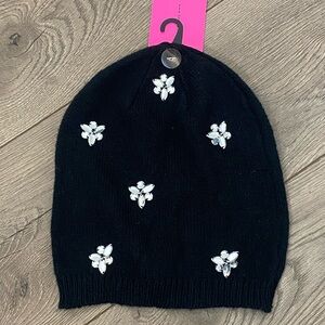 Betsey Johnson Women’s Black Beanie Hat Embellished In Crystal Jewel Accent New